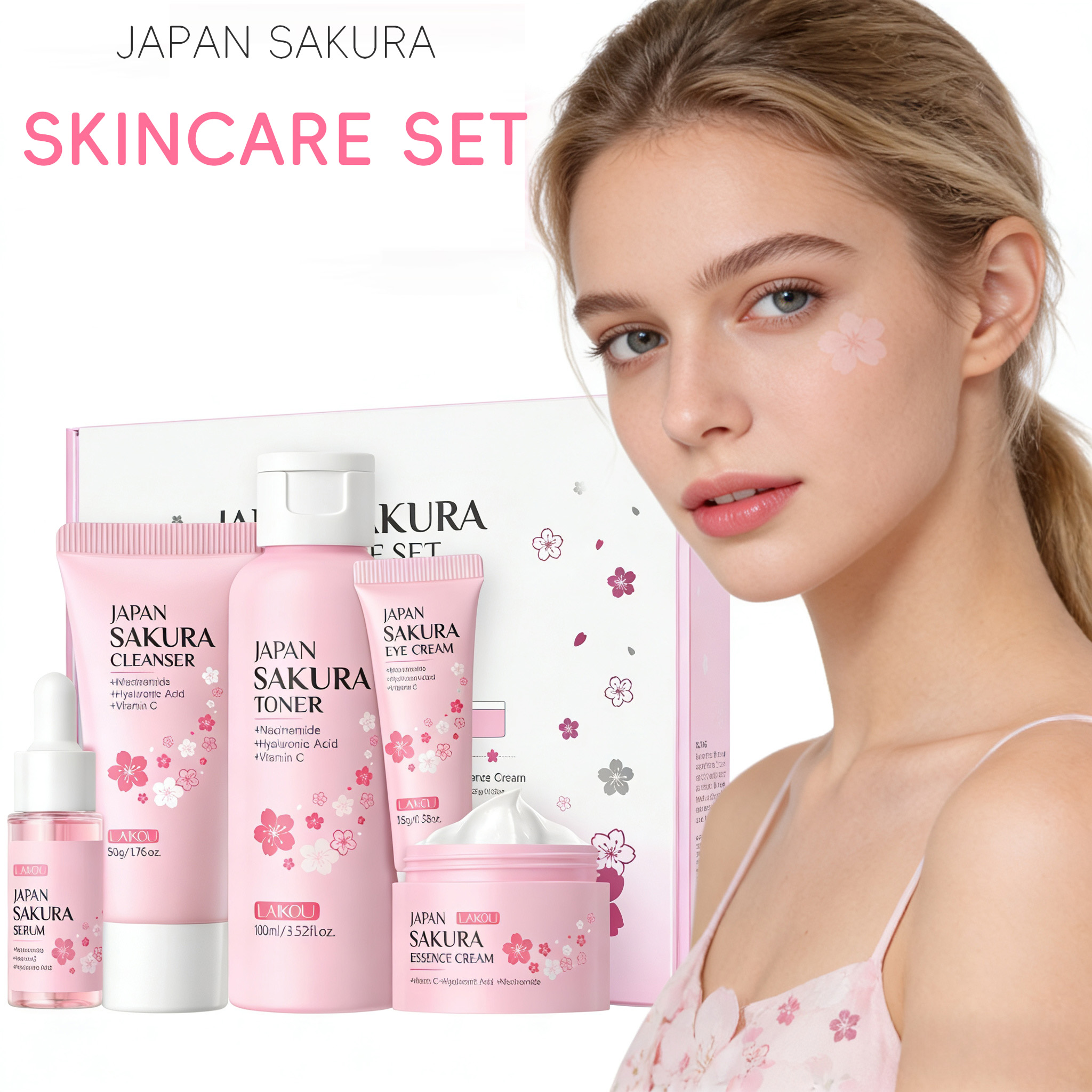 Korean Skincare Routine - LAIKOU Sakura 5pcs Skin Care Kit